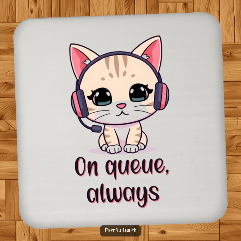 Funny cat gamer coaster featuring a focused cat with a headset, protecting surfaces with humor and dedication, perfect for gaming setups.