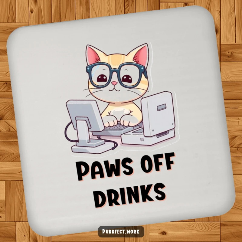Funny drink coaster featuring a cute cat wearing glasses, typing on a miniature computer, protecting surfaces with humor.