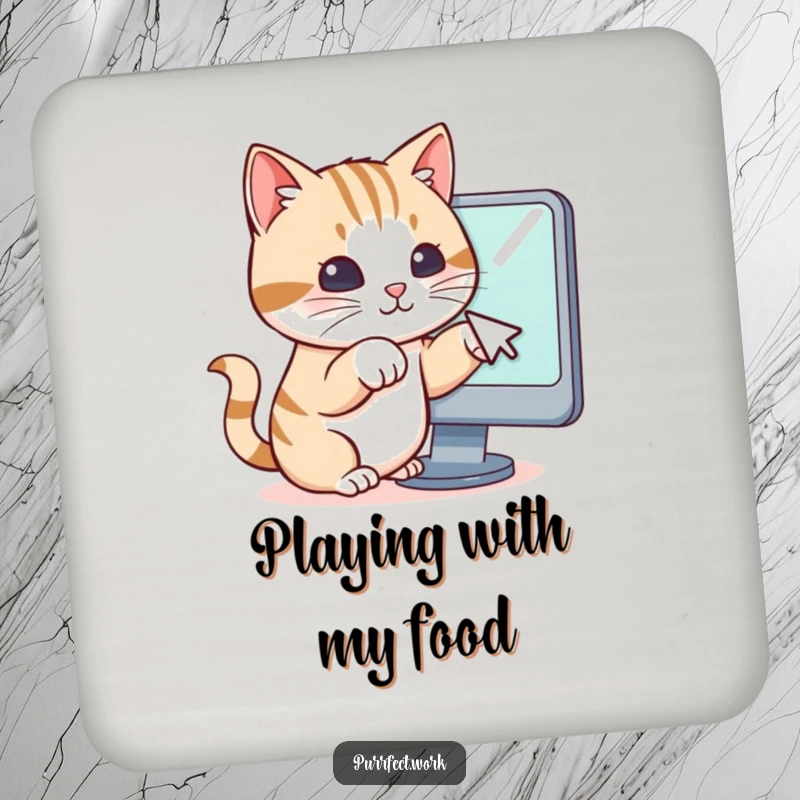 Funny drink coaster illustrating a cat’s paws attempting to catch a computer mouse cursor, adding tech-themed humor to tabletops.