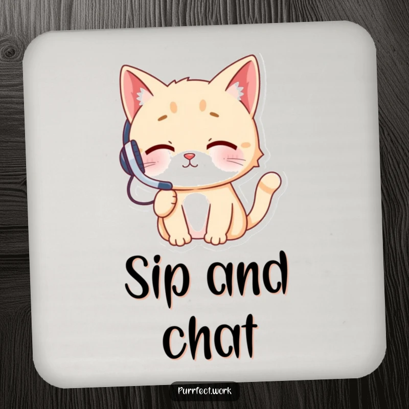 Funny cat character wearing a headset, mid-phone call, depicted on a drink coaster, protecting surfaces with humor.