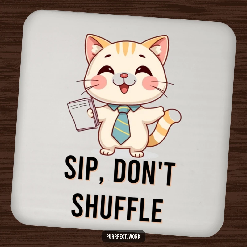 Funny drink coaster featuring a happy cat in a small tie, holding papers, protecting surfaces with professional charm.