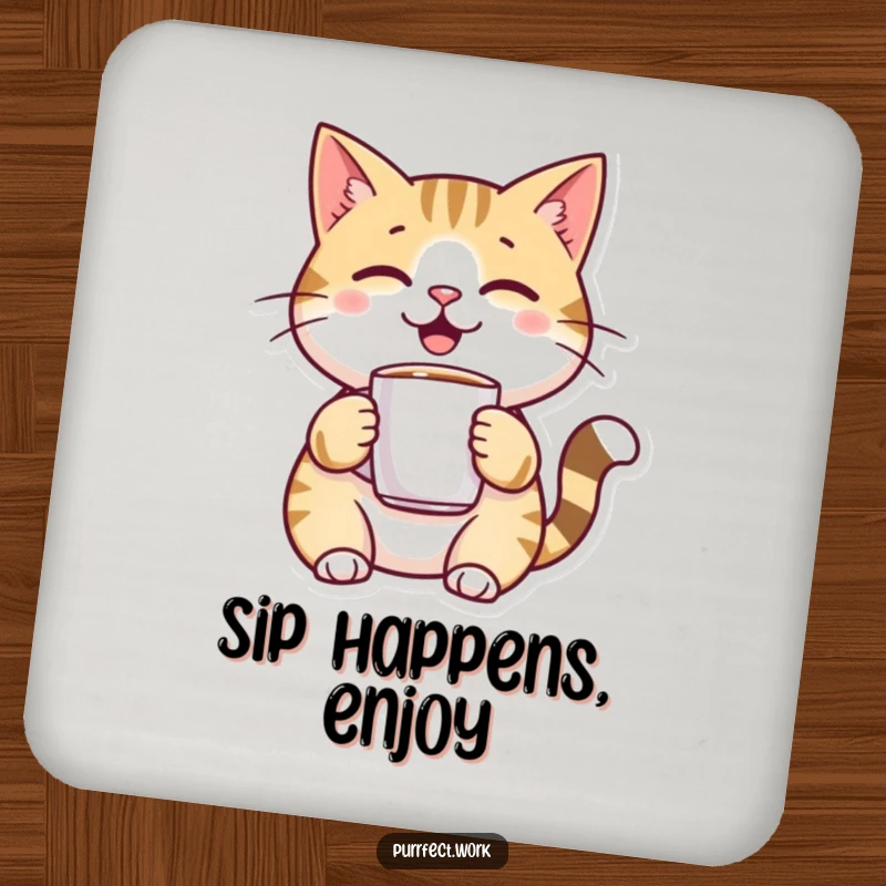 Funny, cheerful cat character holding a miniature coffee mug on a protective drink coaster, adding a touch of joy.