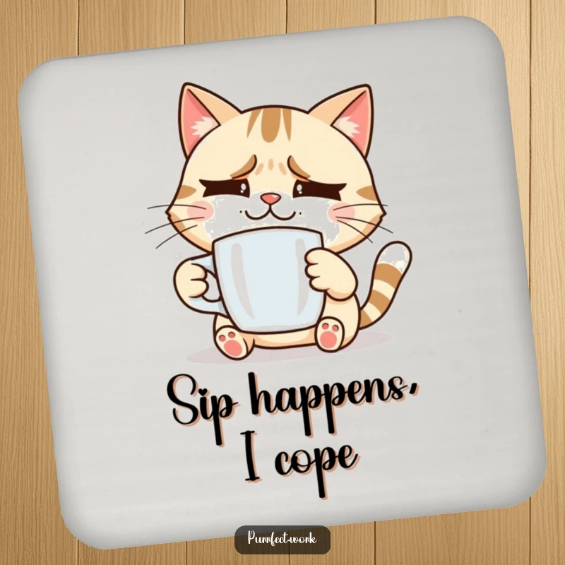 Funny smiling cat holding a coffee mug, looking slightly stressed, a humorous coaster for drink protection, a funny gift.
