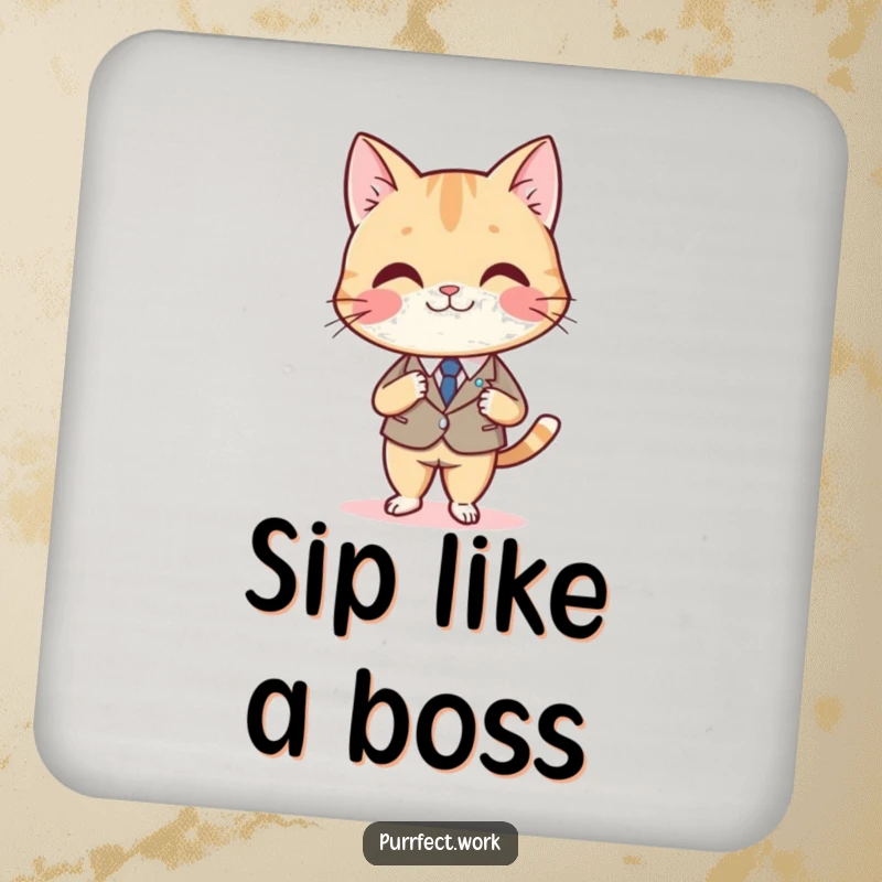 Funny drink coaster with a smiling cat in a suit, sitting at a desk and crossing legs, adding humor to tabletops.