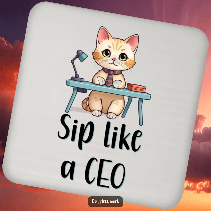 Funny drink coasters showing a cat in a tiny tie at a miniature desk, offering stylish and humorous surface protection.