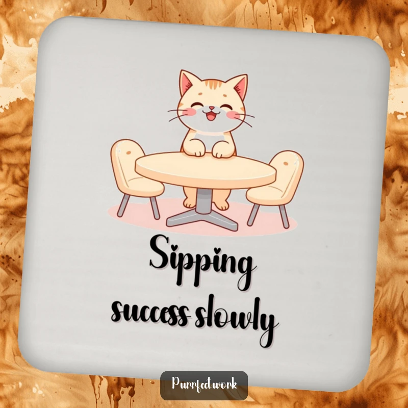 Funny cat meeting coaster depicting a smiling cat character in a tie, looking busy at a tiny meeting table to protect your drink.