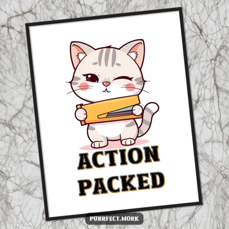 Funny poster of a winking cat holding a tiny stapler, perfect for adding motivation and humor.