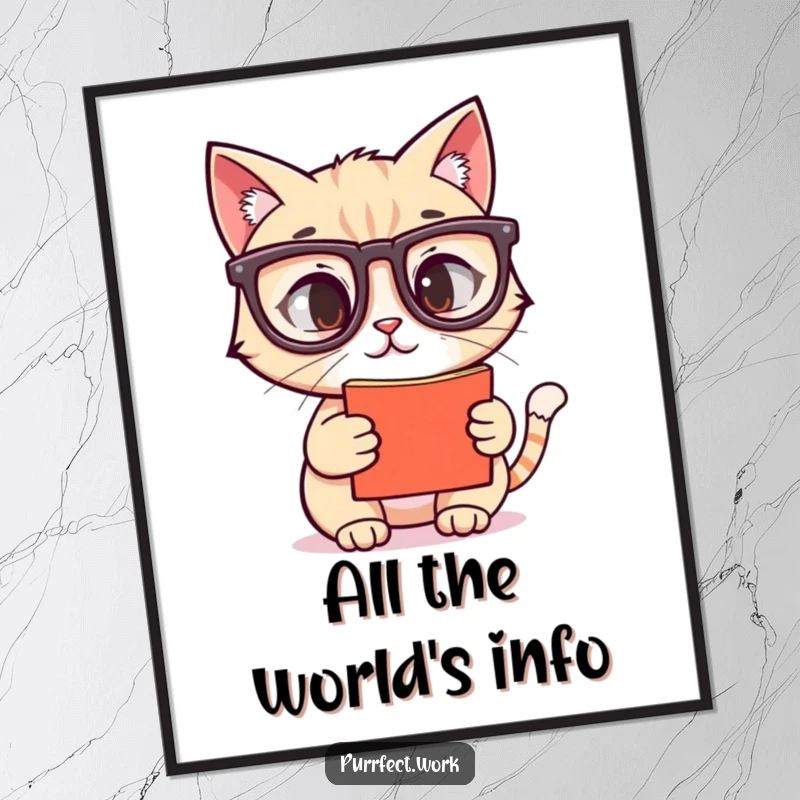 Funny poster print of a cat wearing reading glasses, intensely staring at a screen, perfect funny gift for home decor.