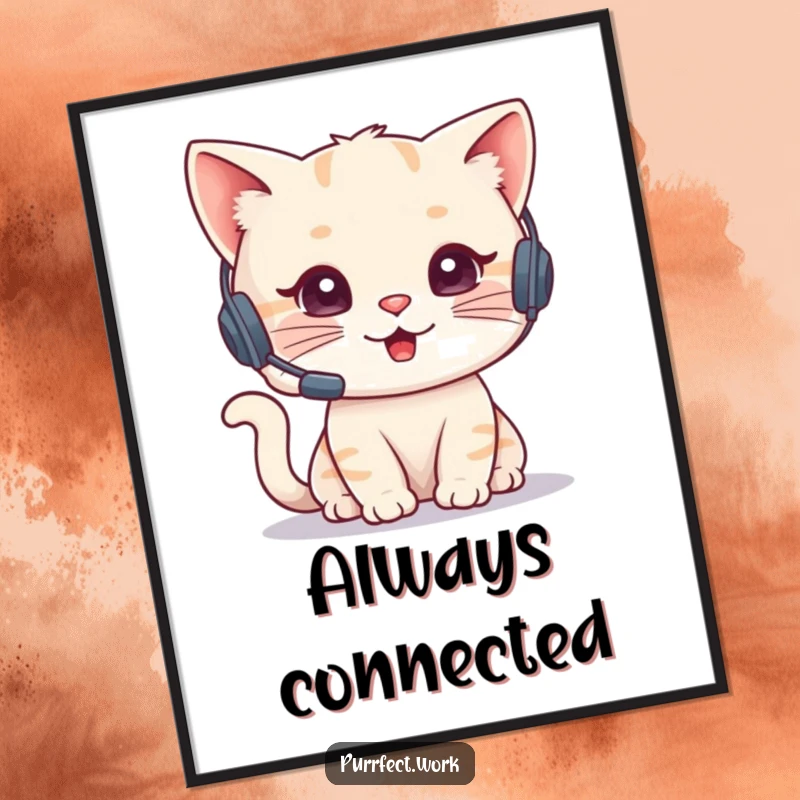 Funny Cat Agent Poster showcasing a cute cat wearing a tiny headset, focused on a phone conversation. Professional and humorous wall art.