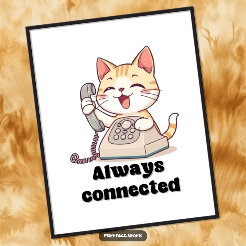 Funny poster print of an excited cat answering a ringing phone, representing eagerness, communication, and social humor.