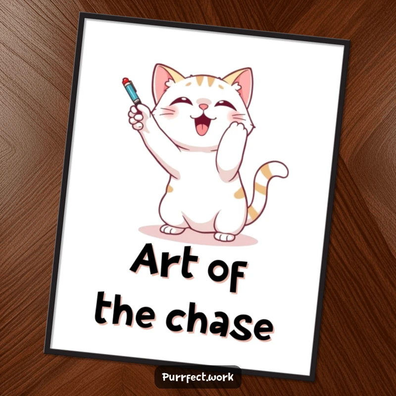 Funny poster illustration of a cat playfully batting at a dangling pen, capturing a moment of pure feline joy and energetic pursuit.