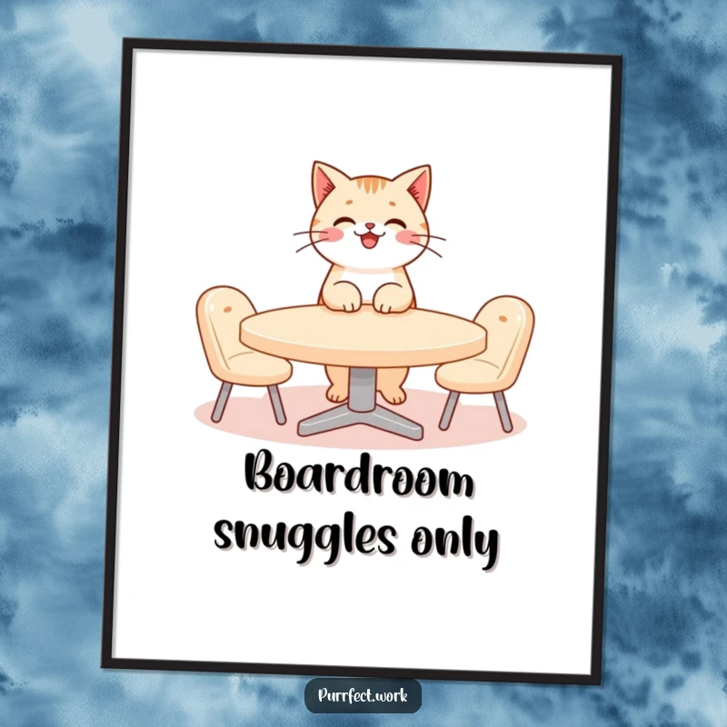 Funny cat meeting poster featuring a smiling cat character, tie askew, leading a comical tiny meeting around a miniature conference table.