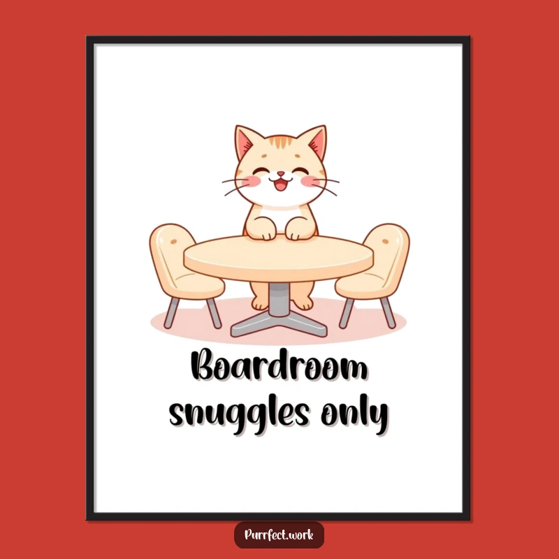 Funny Cat Meeting Poster: Amusing Feline Boss Leads Tiny Office Gathering, Wall Art