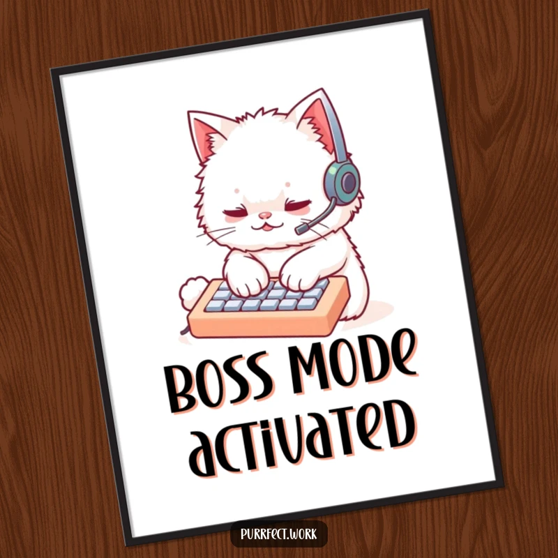 Funny fluffy white cat with a headset, typing rapidly on a tiny keyboard, presented as a fun art poster. Techie humor.