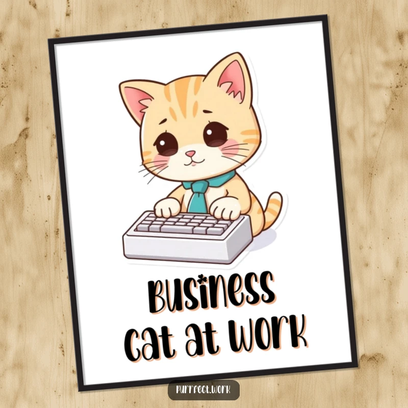 Funny Cat Typist Poster: An illustration of a cat in a tie focusing intently on typing on a small keyboard.