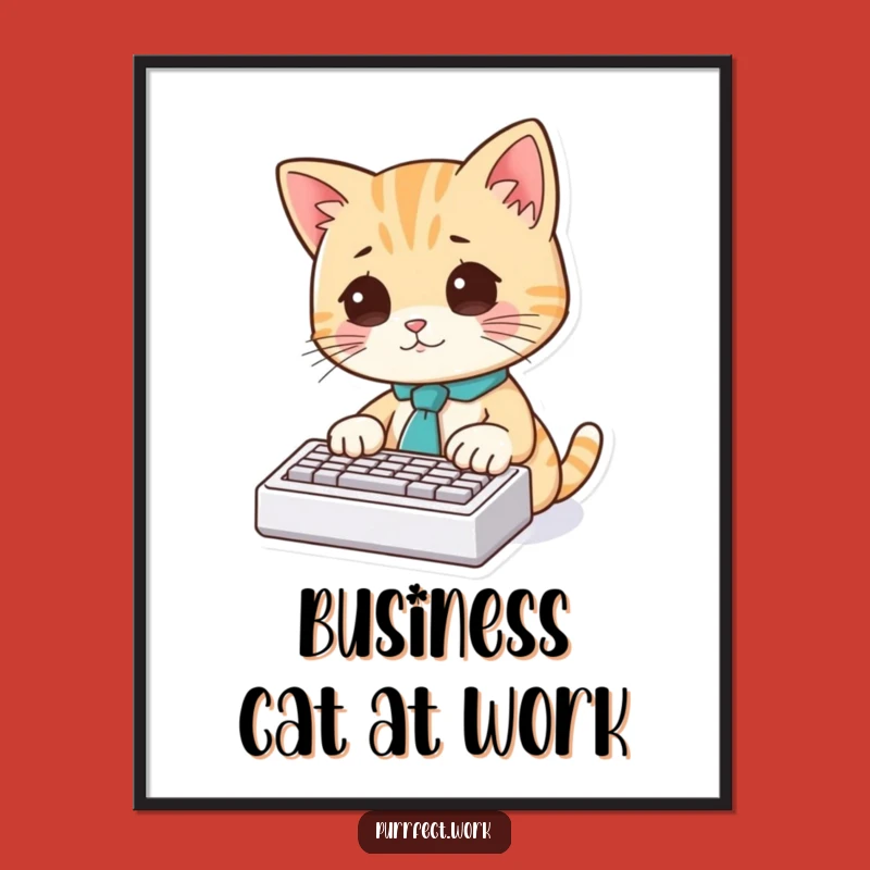 Funny Cat Typist Poster: Cute Feline Office Art Print, Perfect Funny Gift!