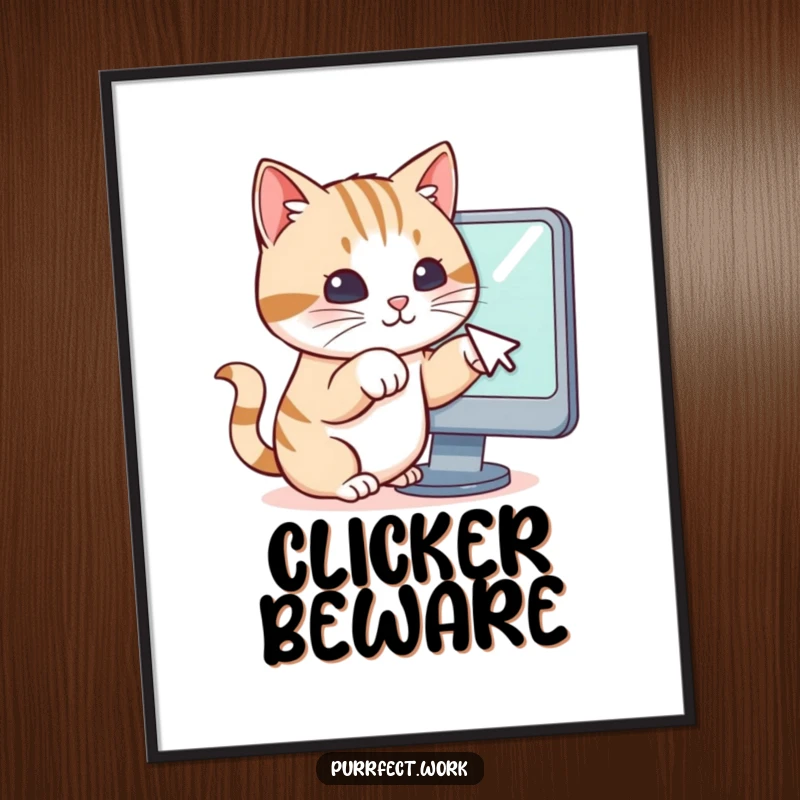 Funny poster art of a cat’s paws actively trying to interact with a mouse cursor on a computer screen, creating tech-themed humor.