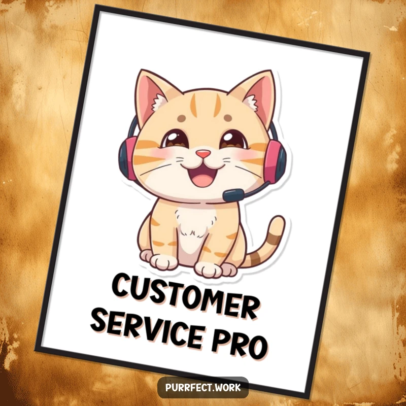 Funny gamer cat poster, artwork of a cat wearing a headset looking alert and engaged, perfect for a humorous gaming room.