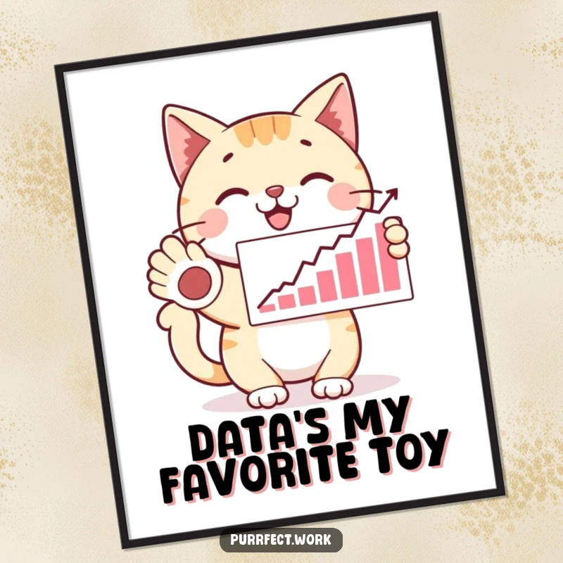 Funny happy cat presenting a graph with a paw, looking proud, a humorous poster print for celebrating success and a funny gift.