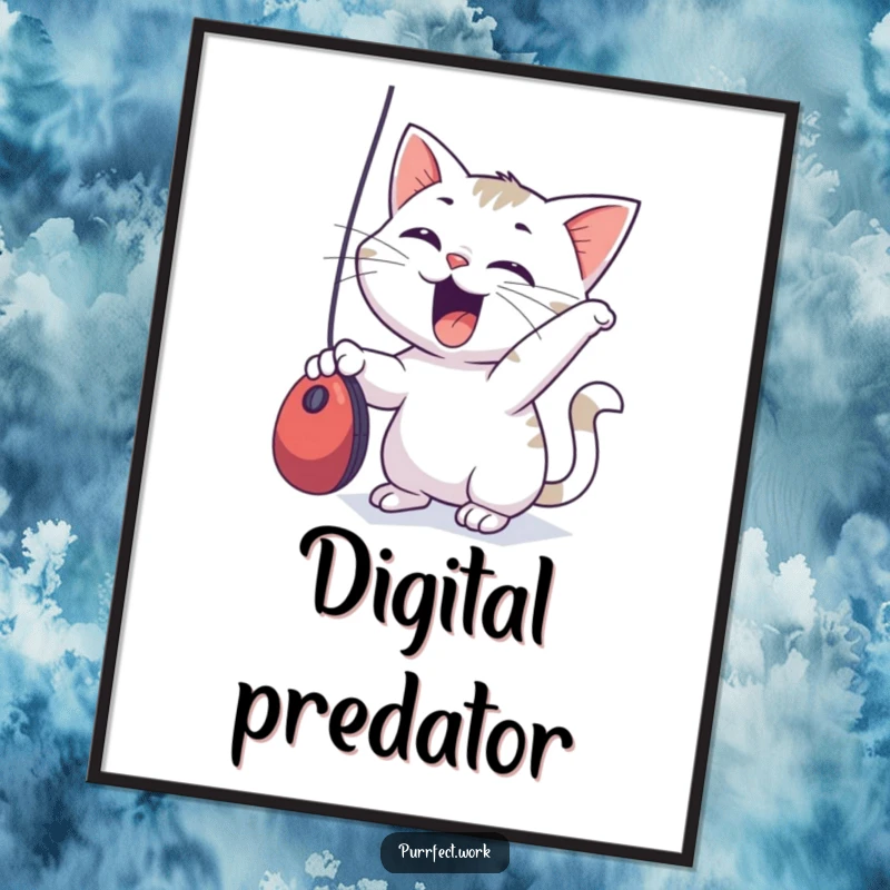 Funny Poster capturing a cat’s excited chase, batting playfully at a dangling computer mouse, full of fun.