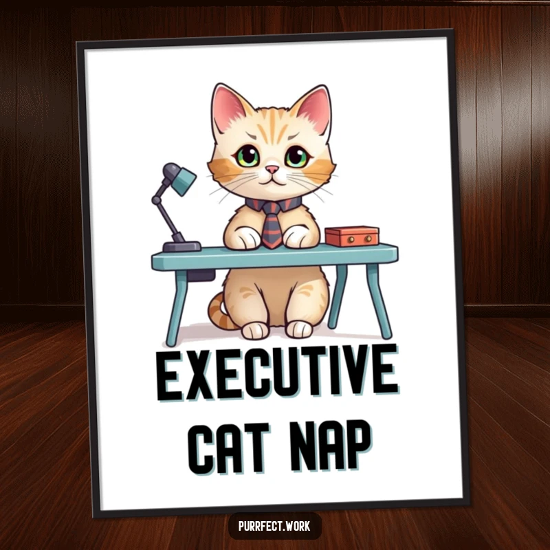 Funny poster illustration of a cat in a tiny tie, seated at a miniature desk, exuding professional feline charm and ambition.