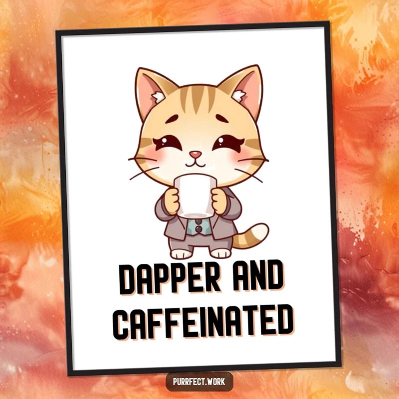 Funny Boss Cat Poster: An artistic print of a cat wearing a suit and holding a coffee mug.