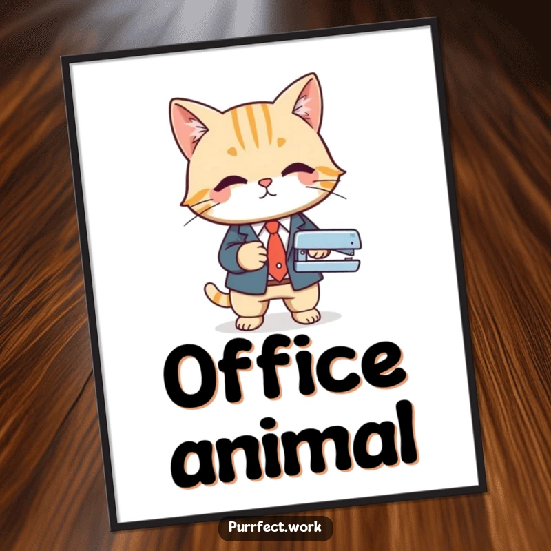 Funny poster print of a cat in a business suit using a stapler, representing corporate efficiency and feline humor.