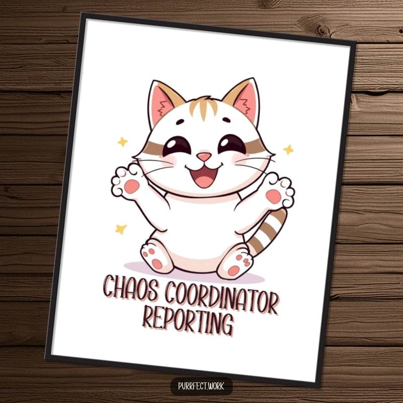 Funny joyful cat sorting papers with frantic paws, beaming, a humorous poster print for office decor and a funny gift.