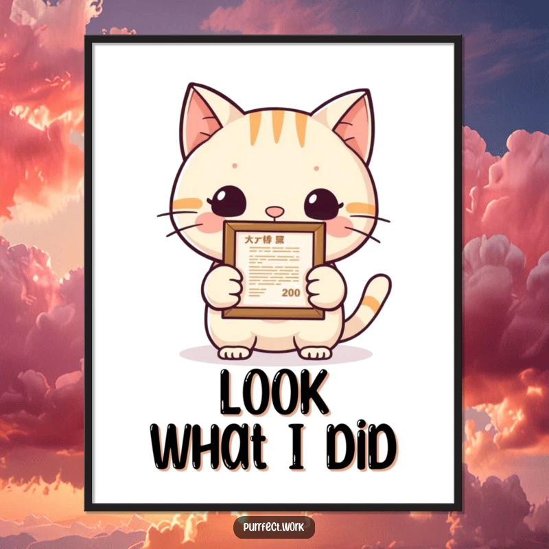 Funny cat achievement poster showing a proud cat displaying a framed document, celebrating success and milestones with humor and artistic flair.