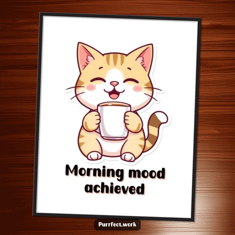 Funny, cheerful cat character holding a miniature coffee mug, presented as delightful wall art for a happy ambiance.