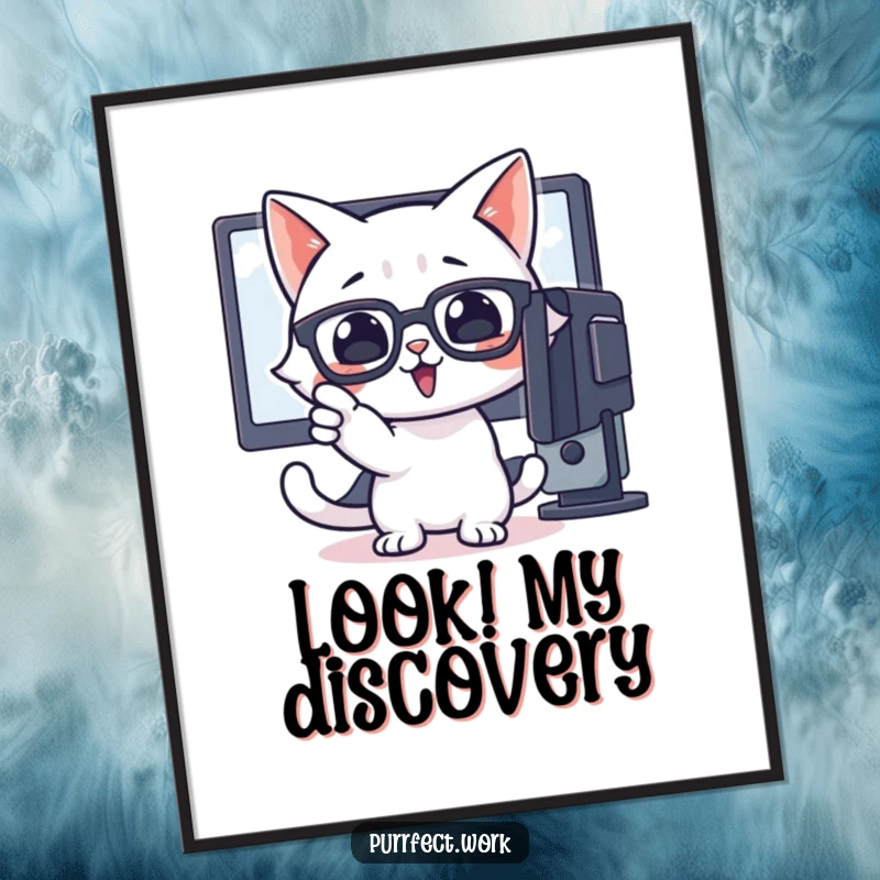 Funny poster of a cat with glasses pointing enthusiastically at a computer screen, symbolizing knowledge and discovery.