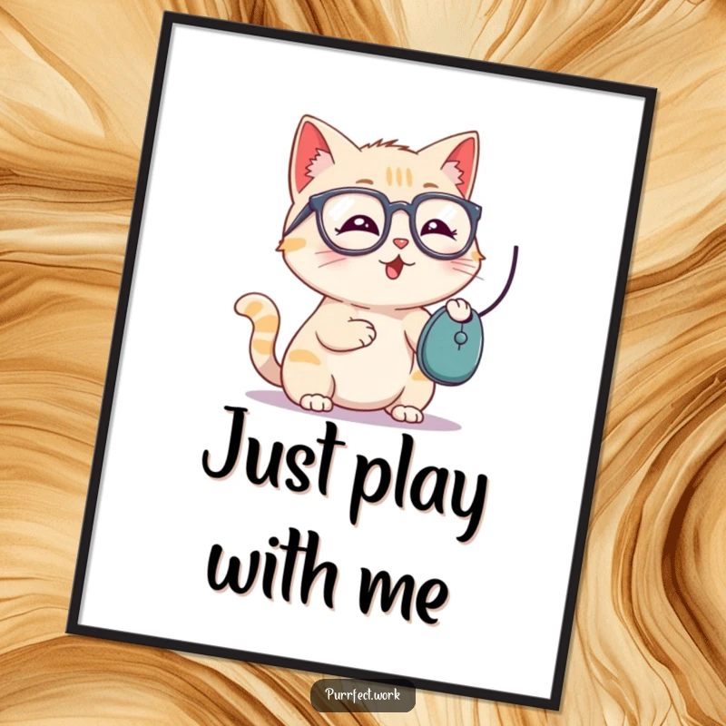 Funny poster print of a playful cat wearing glasses, batting a computer mouse, adding humor to any room.