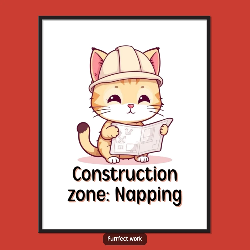 Funny Cat Hard Hat Poster: Playful Builder Cat with Blueprint, Wall Art