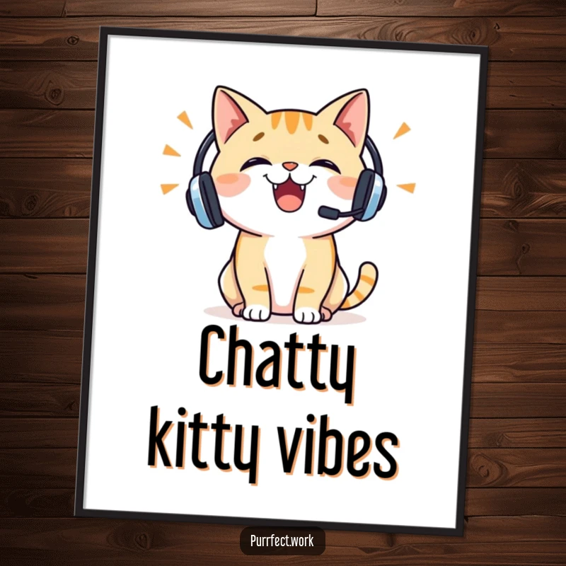 Funny cat headset poster depicting a cheerful cat wearing a headset, talking enthusiastically, full of life and a desire to communicate.