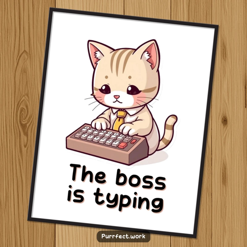 Funny Poster of a cute cat wearing a tiny tie and typing on a miniature keyboard, a humorous piece for wall decor.