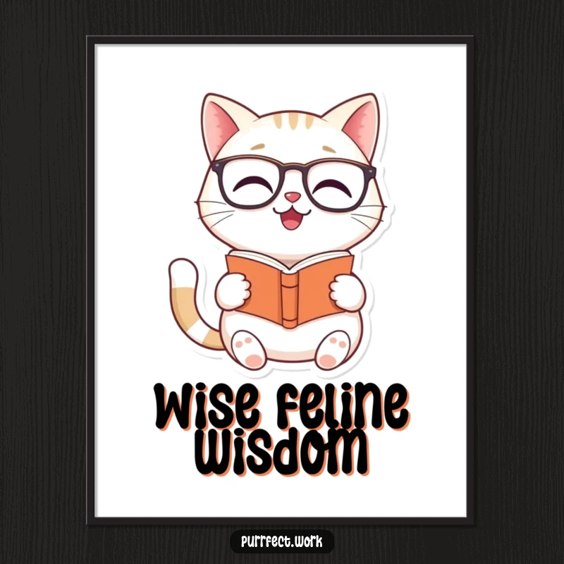 Funny Cat Reader Poster: An artistic print of a smiling cat wearing glasses and reading a tiny book.