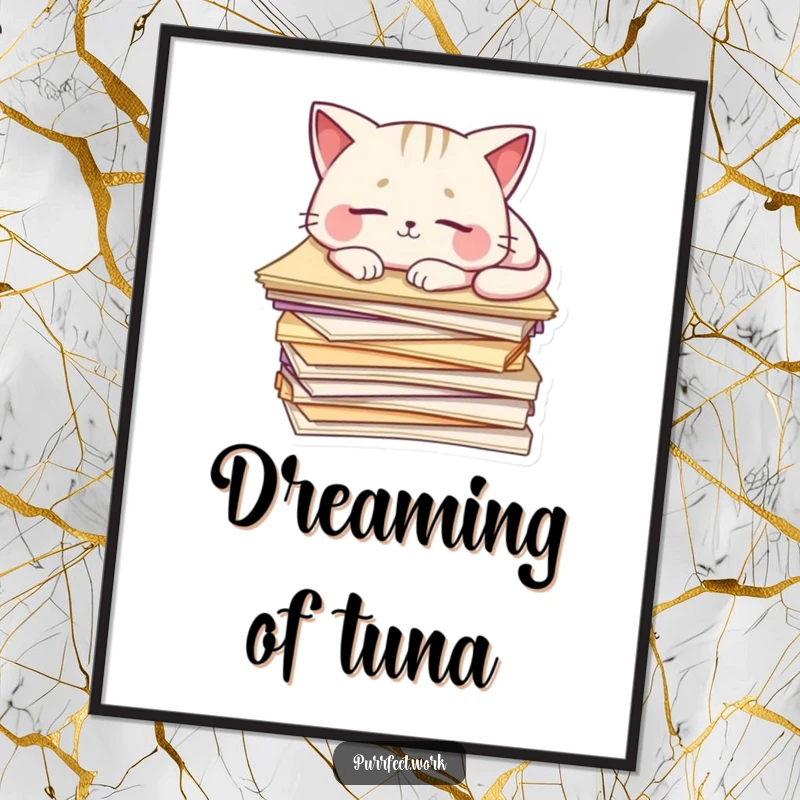 Funny Cat Poster: A peaceful cat sleeps on a large stack of papers, adding charming and humorous wall art.