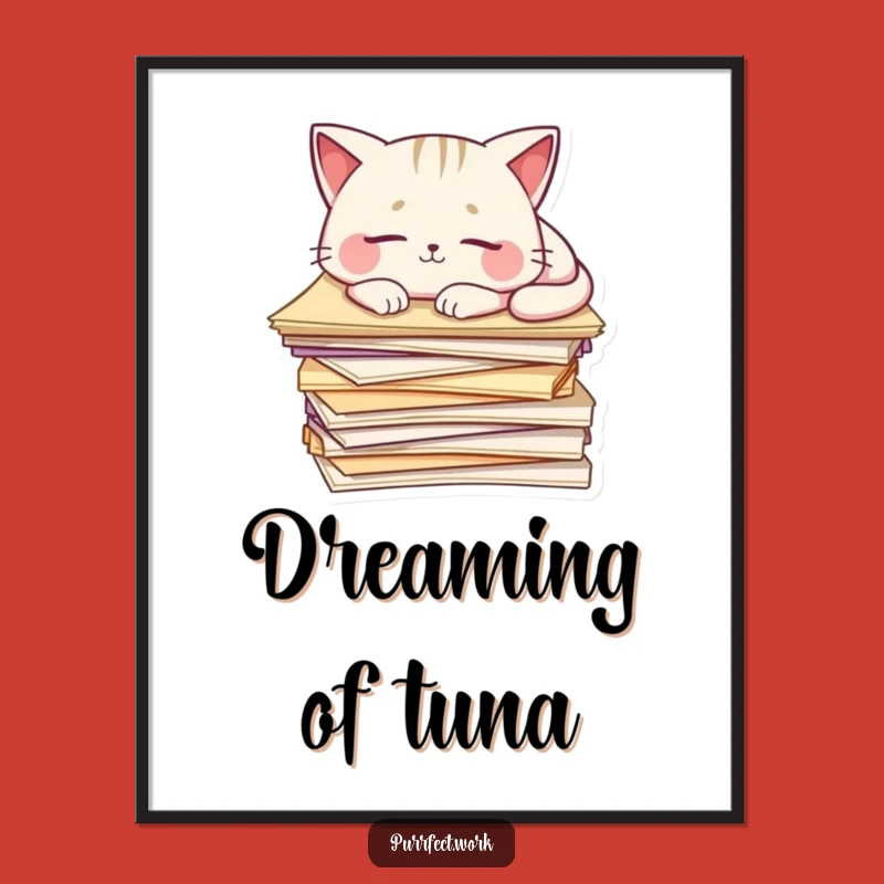 Funny Cat Snoozing Poster: Papers Pile Dreamer, Adorable Wall Art & Gift