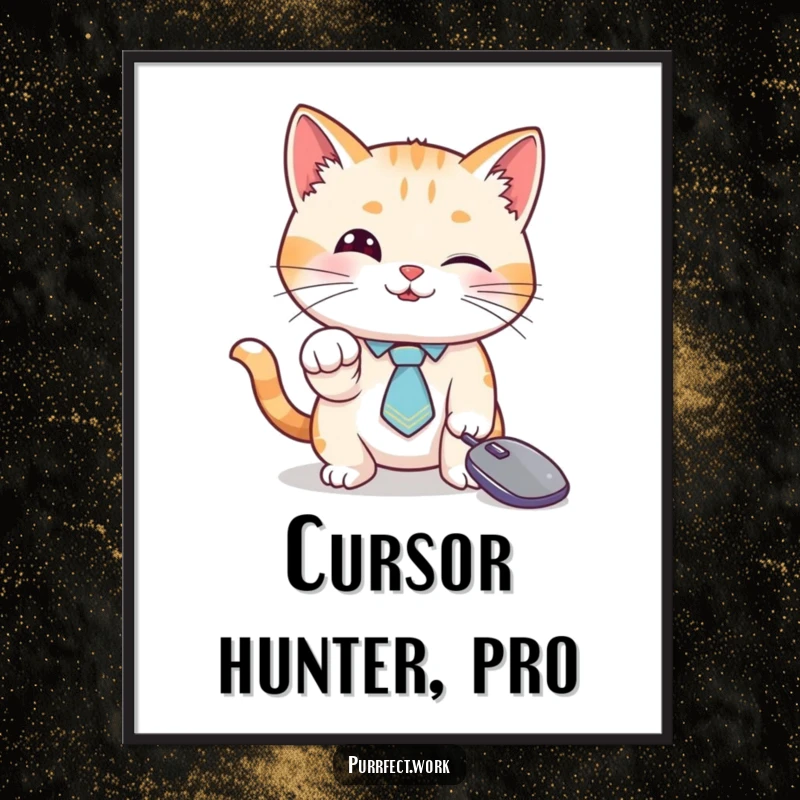 Funny cat poster, a cat in a tie playing with a computer mouse cursor, perfect tech-themed wall decor.