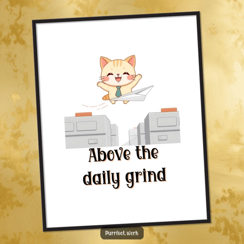 Funny poster depicting a joyful cat in a tie flying a paper airplane over cubicles, a humorous and uplifting artwork.