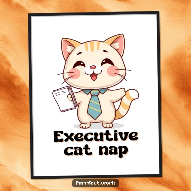 Funny poster art of a happy cat wearing a tie, presenting a stack of papers, bringing a cheerful business vibe to any room.