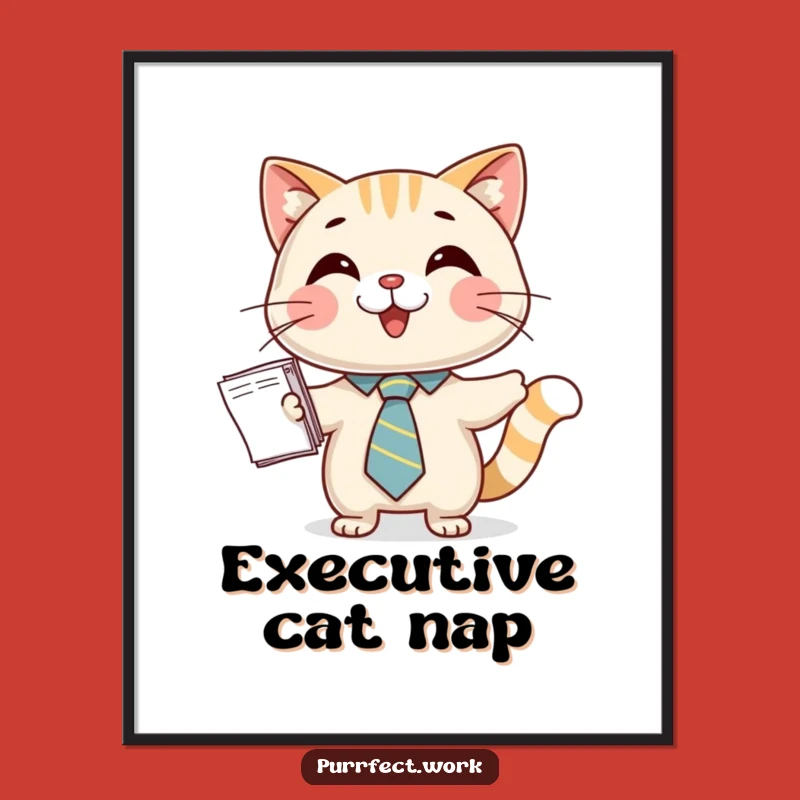 Funny Cat Tie Poster: Happy Business Cat Presenting Papers, Office Wall Art