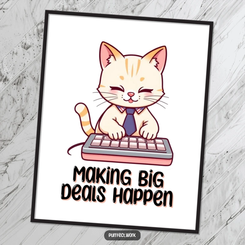 Funny cute cat wearing a tiny tie, typing furiously on a keyboard, a humorous poster print for office decor and a funny gift.