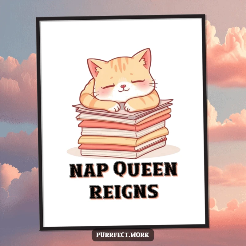 Funny content cat poster showing a cute cat peacefully sleeping on a stack of important documents, bringing office humor life.