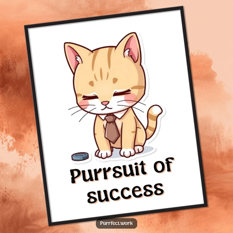 Funny poster of a cat wearing a tiny tie, looking diligently focused on its work, adding professional humor to any wall.