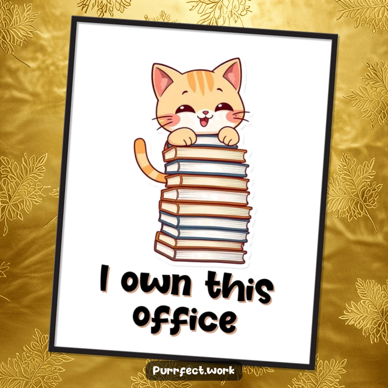 Funny poster print of a mischievous cat grinning while climbing a tall stack of files, adding humor to any room.