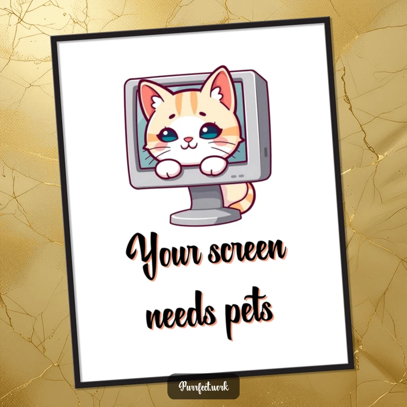 Funny cat poster featuring a sly cat hiding behind a computer monitor, its eyes gleaming with mischief.