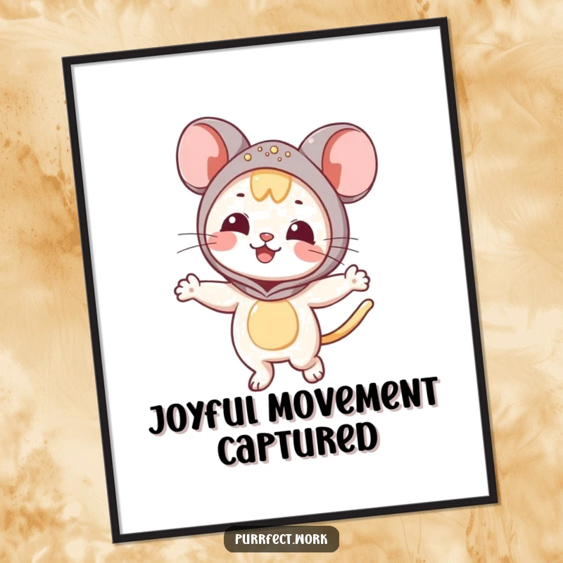 Funny Mouse Cat Poster: An artistic print of a happy cat wearing a mouse mascot costume and dancing.