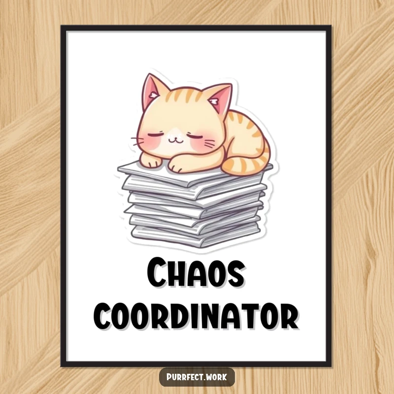 Funny Poster depicting a content cat napping soundly on a pile of papers, promoting relaxation.