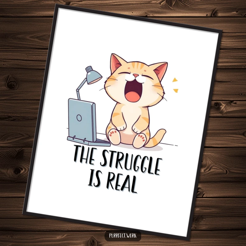 Funny cat poster featuring a very sleepy cat yawning widely at a desk, conveying utter exhaustion and need for sleep.